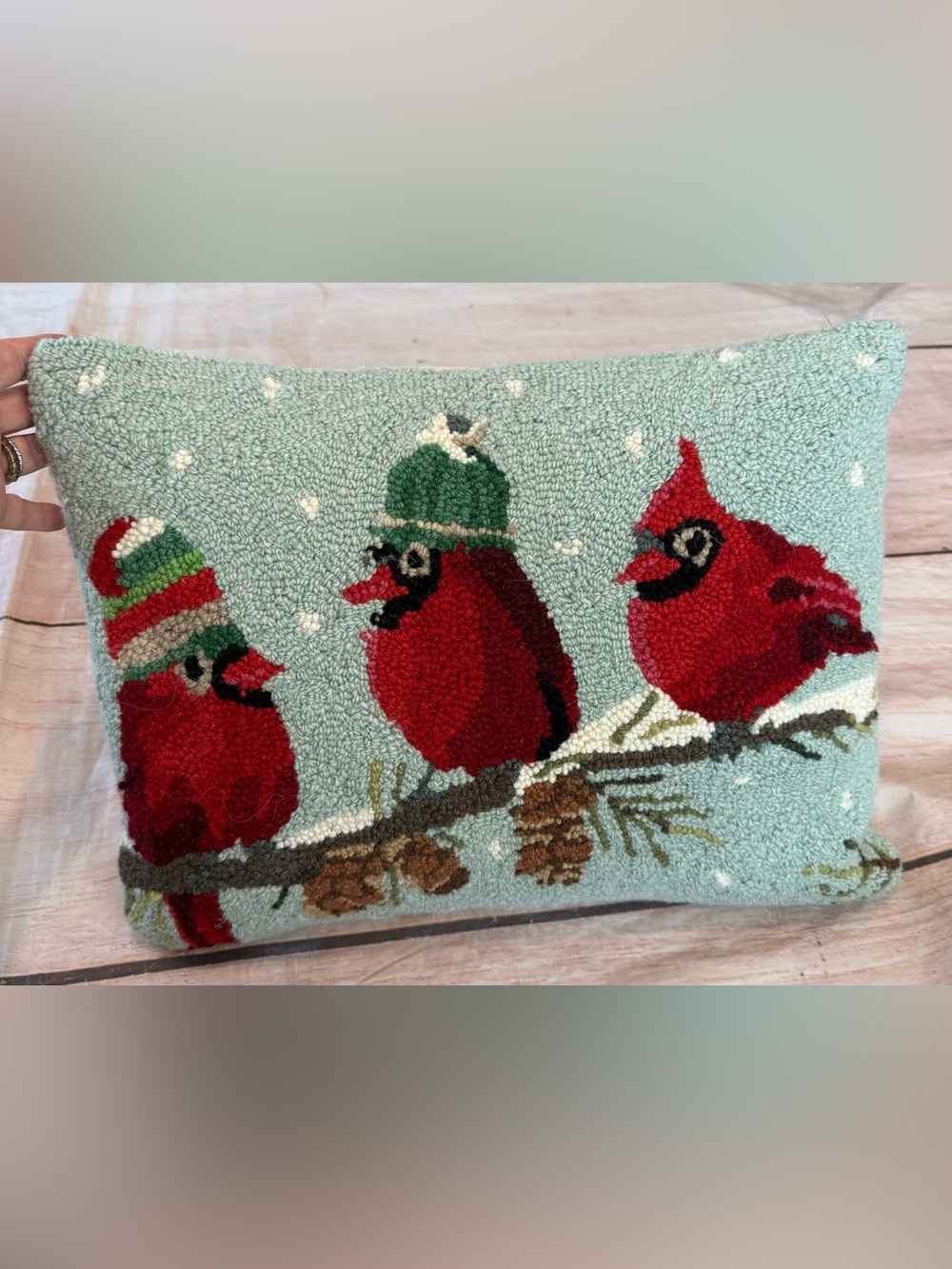 Grandin Road Winter Cardinals Bird Hat Hooked Wool Throw Pillow Holiday 14X18